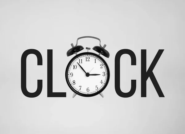 Clock Word Letter Alarm Clock White Background — Stock Photo, Image