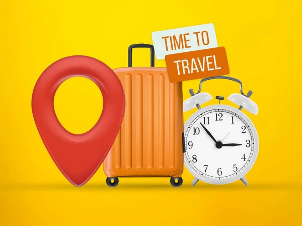 Time to travel banner. Trip banner with travel bag, location pin, alarm clock on yellow background