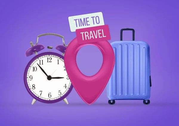 Time to travel banner. Trip banner with travel bag, location pin, alarm clock on purple background
