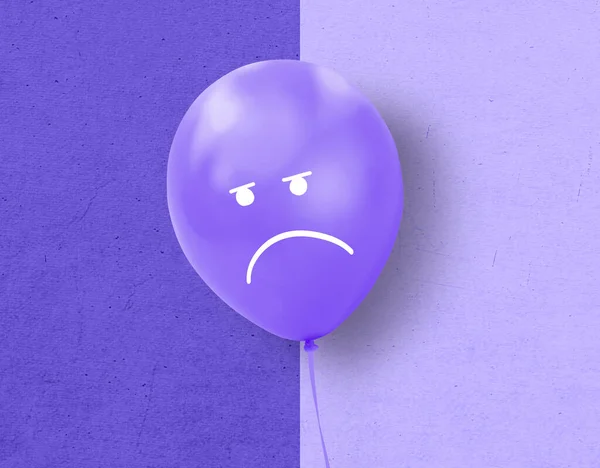 Purple balloon on a purple texture background with a sad face drawn