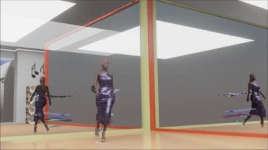 In fictional studio some model is doing fashion-show. Some trails are left behind this women. This video is nice cloth and hair simulation that can be a part of many digital art collections.