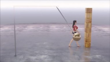 3d blender video animation where rag doll heroine walk through some obstacles.
