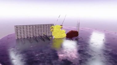 These two teddy bears looks a little bit helpless in a front of a two pendulum and five moving blades. That actually doesn't mean anything. It is just funny 3d video about particles.