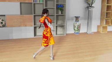 Fashion-show simulation where fictional model wears some flower fashion designed dress. 