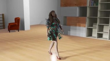 Fashion walk with nice blue transparent dress. This video can be used as a screensaver and can be a part of many digital art collections.