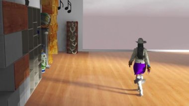 Fashion-show simulation where fictional model wears some cowboy fashion design. 