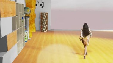 Fashion-show simulation where fictional model wears some winter fur fashion design. 