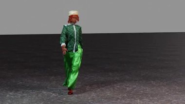 Simulation of a fashion-show with fur racoon pattern cap. This video could be used as a screensaver and also can be a part of many digital art collections.