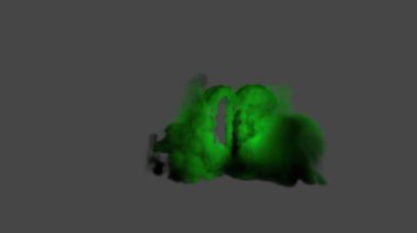 Yeşil dumanlar cam bir tüpten geçiyor ve havada yükseliyor. Duman simülasyonuyla ilgili komik 3D animasyon.