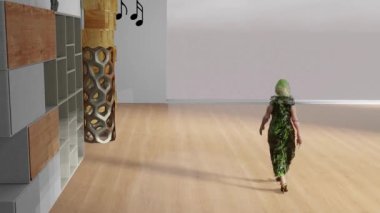 Fashion walk with nice green fur winter clothes. This video can be used as a screensaver and can be a part of many digital art collections.