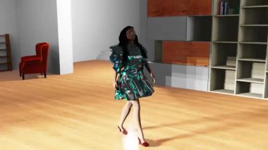 Fashion walk with nice blue and silver dress. This video can be used as a screensaver and can be a part of many digital art collections.
