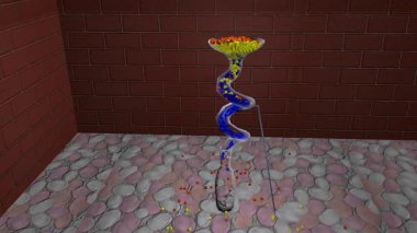 Colorful cubes are moving through some glass tube.