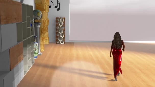 架空のモデルがいくつかの素敵な赤いドレスを身に着けているファッションショーシミュレーション — ストック動画