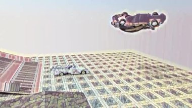 This funny designed autos are suddenly hit in the air by some invisible force. Despite that they continue to drive throught some unreal and fantasy environment.