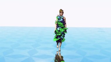 Mankenin üzümlerden esinlenerek ilginç elbiseler giydiği bir moda şovunun güzel simülasyonu..