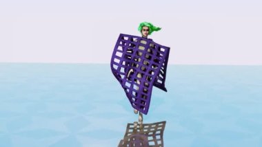 Modellerin alışılmadık bir ağ elbisesi giydiği bir defilede üç boyutlu komik bir simülasyon..