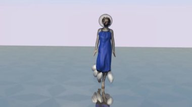 Modellerin bir çeşit uzay giysisi giydiği bir defilede üç boyutlu komik bir simülasyon..