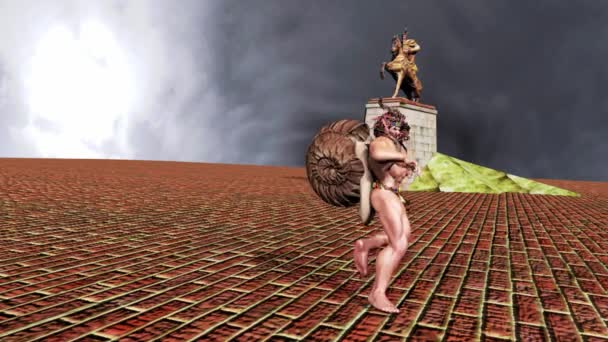 有趣的3D视频中 人类的角色背着蜗牛的房子跳舞 — 图库视频影像