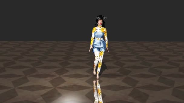 モデルが黄色のパターンでいくつかのドレスを身に着けているファッションショーの面白い3Dシミュレーション — ストック動画