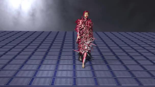 Simulation Drôle Défilé Mode Modèle Porte Une Robe Faite Tentacules — Video