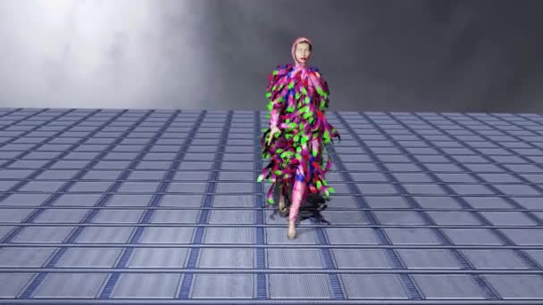 Забавная Симуляция Показа Мод Модель Носит Платье Перьев — стоковое видео