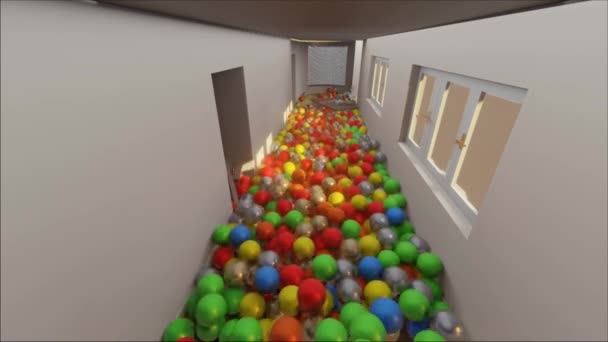 Multicolored Balls Invading Some Passage Ragdoll Walking — Stock Video