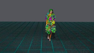 Modellerin elmastan yapılmış elbiseler giydiği bir moda şovunun 3 boyutlu simülasyonu..