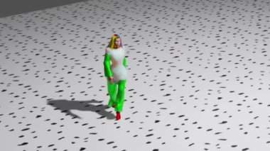 Modellerin gündelik kıyafetler giydiği bir defilede 3 boyutlu simülasyon..