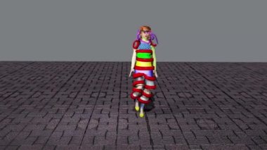 Modellerin renkli elbiseler giydiği 3D moda simülasyonu.