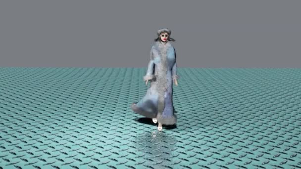Simulation Einer Modenschau Bei Der Das Model Winterpelzkleidung Trägt — Stockvideo