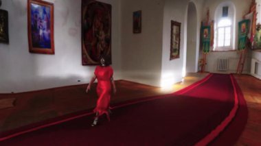 Modellerin kırmızı elbise giydiği bir defilede 3 boyutlu simülasyon..