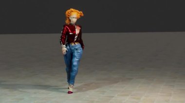 Kırmızı saçlı mankenin kırmızı deri ceket ve kot pantolon giydiği bir defilede 3 boyutlu simülasyon..