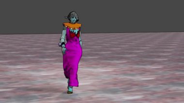 Moda şovunun 3 boyutlu simülasyonunda mankenler ortaçağ öğeleri taşıyan elbiseler giyer..