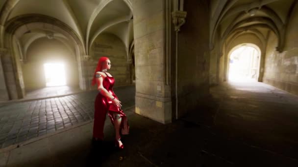 Red Haired Lady Wearing Red Dress Some Empty Passage — Stock Video