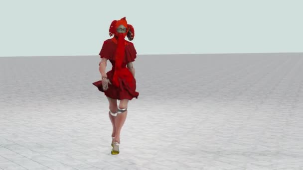 Simulación Desfile Moda Donde Modelo Lleva Disfraz Rojo Con Elementos — Vídeos de Stock