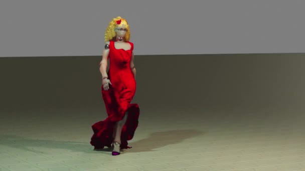 Моделювання Модного Шоу Модель Носить Червону Вечірню Сукню — стокове відео