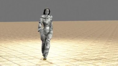 Kurgusal bir modelin kışlık kıyafetler giydiği bir defilede 3 boyutlu simülasyon...