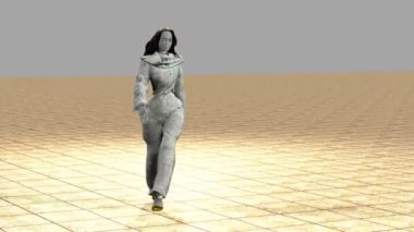 Kurgusal bir modelin kışlık kıyafetler giydiği bir defilede 3 boyutlu simülasyon...