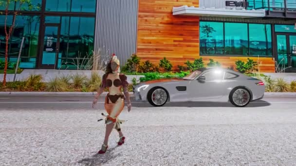 Fictional Fashion Model Wears Funny Creation Front Some Car Road — Αρχείο Βίντεο