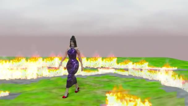 Fantasy Burning Landscape Some Fictional Fashion Model Wears Some New — Stockvideo