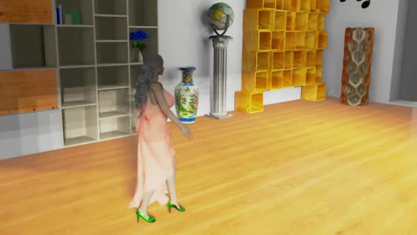 三维模拟时装秀 一个虚构的模特在某个公寓里穿着漂亮的彩色彩裙 — 图库视频影像