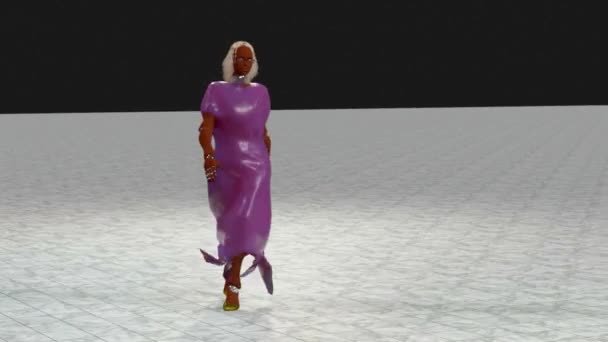 Цій Вигаданій Моделі Показу Мод Носить Фіолетове Довге Плаття — стокове відео