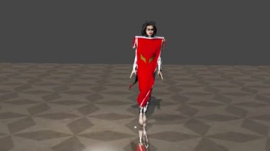 3d simulation of a fashion-show in some fictional outdoor environment where model wears some nice red fashion design.