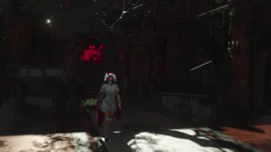 3d simulation of a fashion-show in some fictional indoor environment where model wears renaissance clothing with some horror elements.