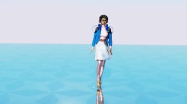 3d simulation of a fashion-show in some fictional outdoor environment where model wears some nice blue-white fashion combination.