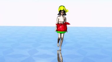 3d simulation of a fashion-show where model wears some flower inspired costume.