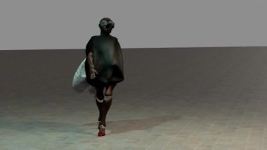 Moda şovunun 3 boyutlu simülasyonunda manken sinek kostümü giyiyor..