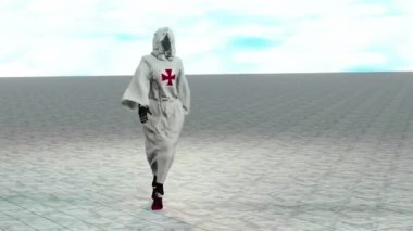 3d simulation of a fashion-show where model wears some clothing inspired by templars cross.