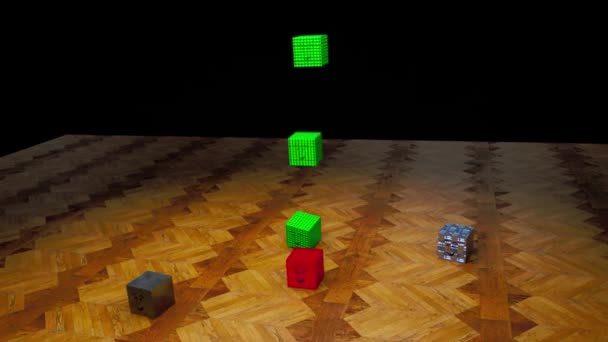 Cubes Animated Faces Falling Some Wooden Floor — Stok Video