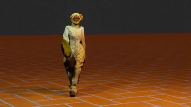 3d simulation of a fashion-show where model wears some bear costume.